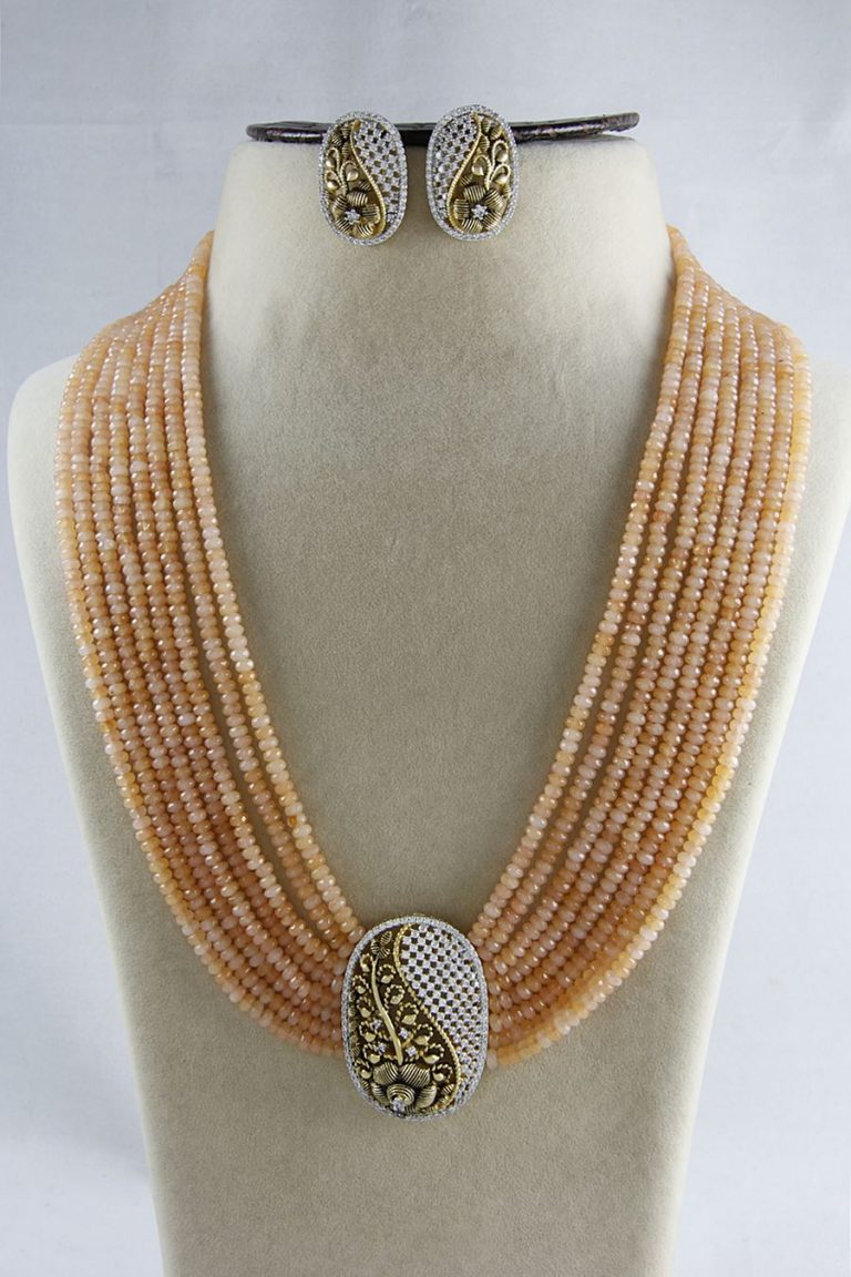 Layered Peach Beaded Signity Diamonds Long Necklace Set - Rent Jewels