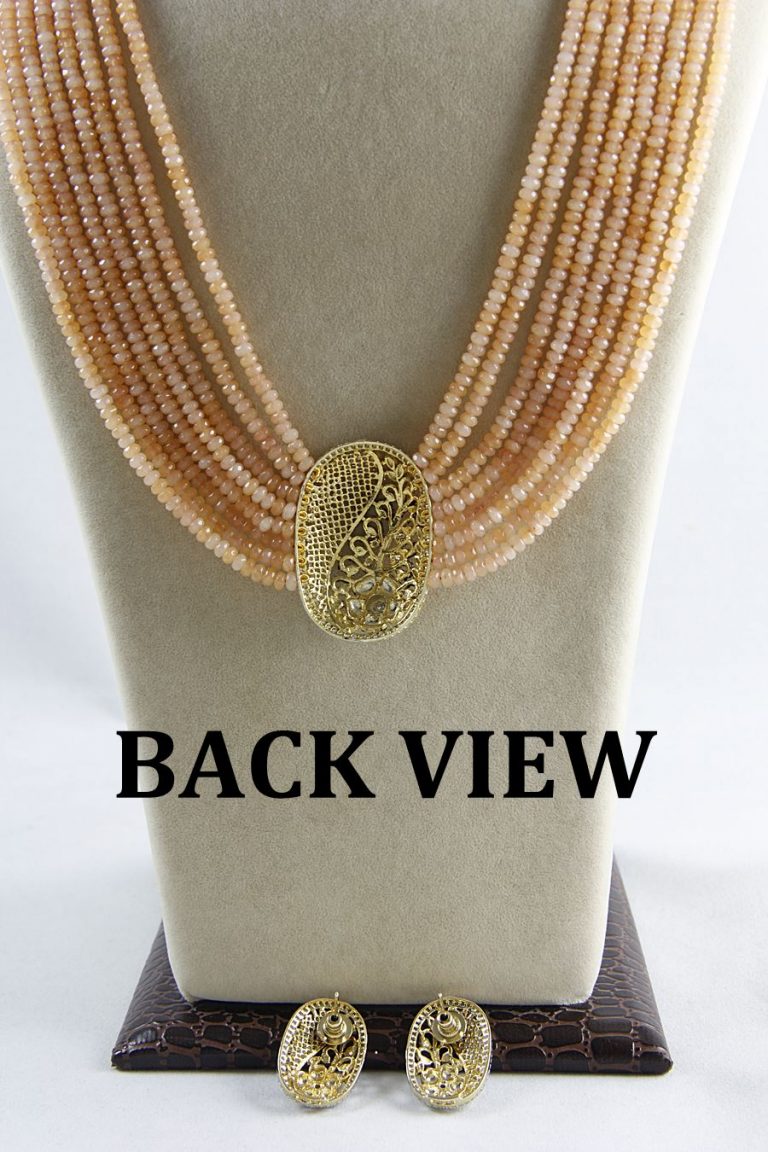 Layered Peach Beaded Signity Diamonds Long Necklace Set - Rent Jewels