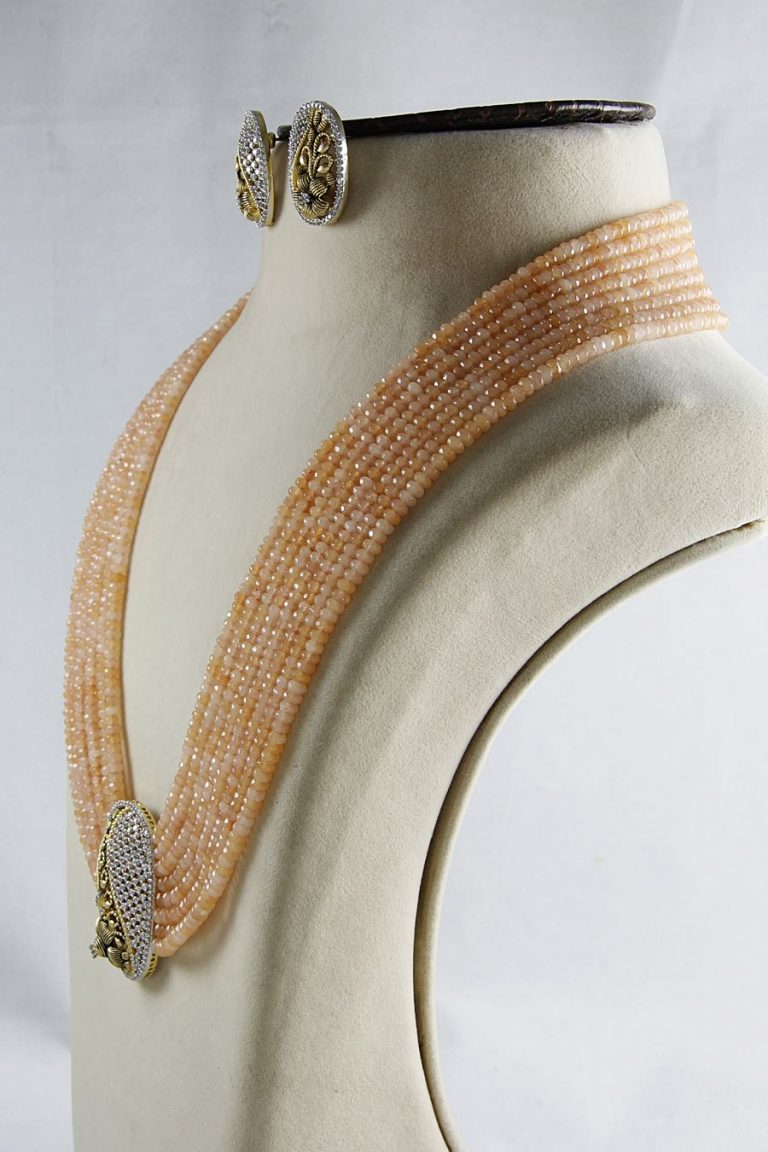 Layered Peach Beaded Signity Diamonds Long Necklace Set - Rent Jewels