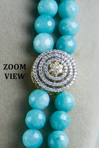 Turquoise Blue Signity Diamonds Long Necklace Set - Rent Jewels