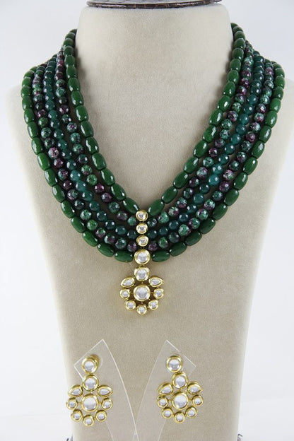 Layered Green Beaded Kundan Pendant Necklace Set - Rent Jewels