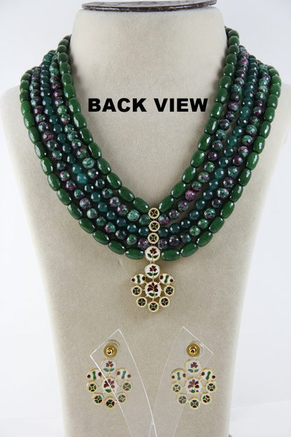 Layered Green Beaded Kundan Pendant Necklace Set