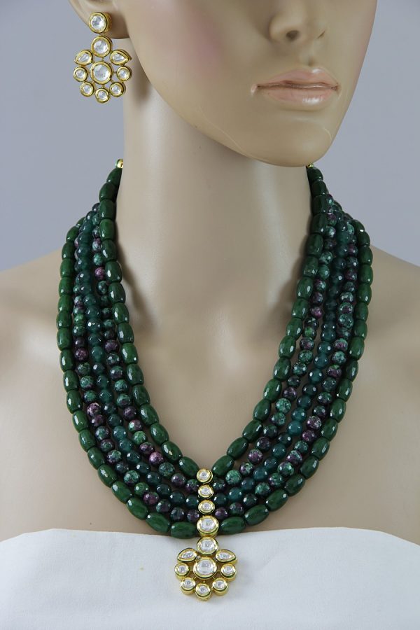 Layered Green Beaded Kundan Pendant Necklace Set