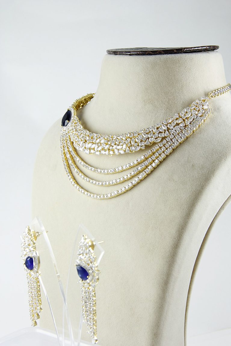 Layered Signity Diamonds Blue Swarovski Necklace Set - Rent Jewels