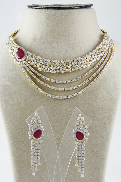 Layered Signity Diamonds Ruby Red Onyx Necklace Set