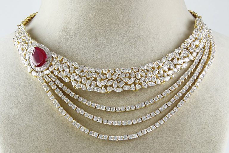 Layered Signity Diamonds Ruby Red Onyx Necklace Set - Rent Jewels