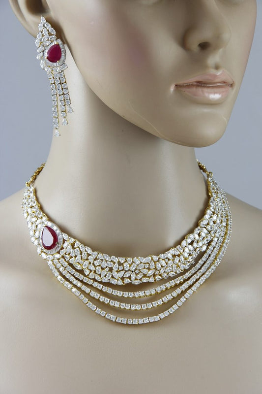 Layered Signity Diamonds Ruby Red Onyx Necklace Set