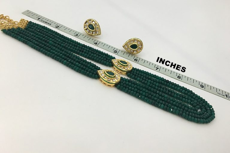 Emerald Green Layered Beaded Kundan Necklace Set - Rent Jewels