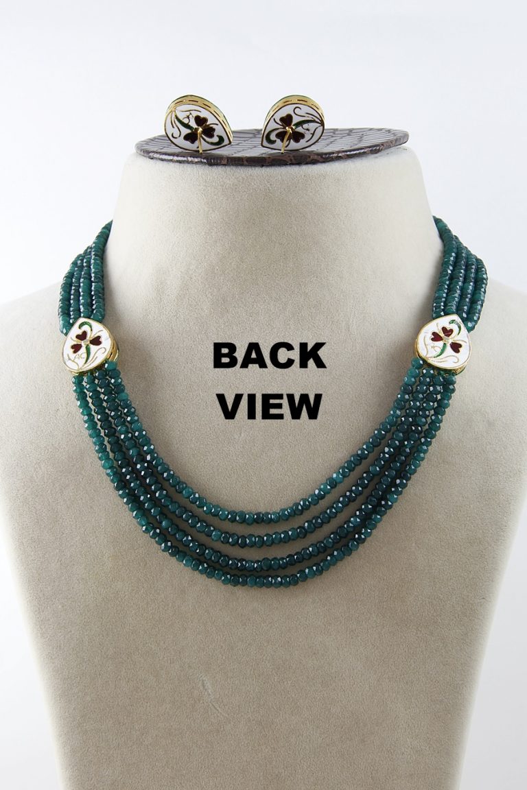 Emerald Green Layered Beaded Kundan Necklace Set - Rent Jewels