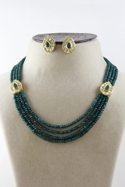 Emerald Green Layered Beaded Kundan Necklace Set - Rent Jewels