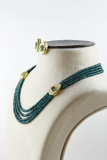 Emerald Green Layered Beaded Kundan Necklace Set