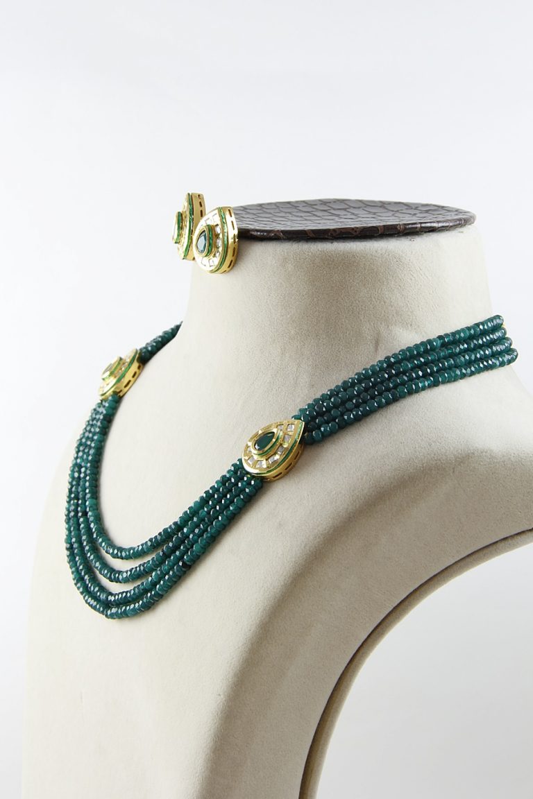 Emerald Green Layered Beaded Kundan Necklace Set - Rent Jewels