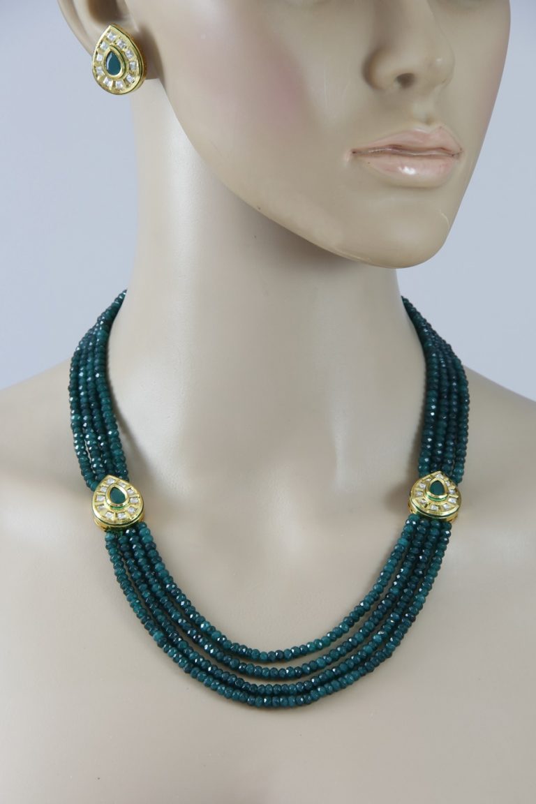 Emerald Green Layered Beaded Kundan Necklace Set - Rent Jewels