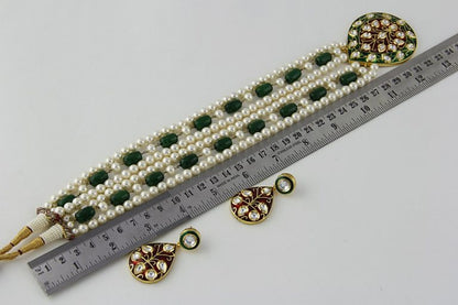 Green Meena Kundan Pendant Pearls Necklace Set