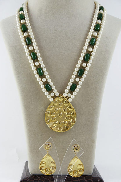 Green Meena Kundan Pendant Pearls Necklace Set - Rent Jewels