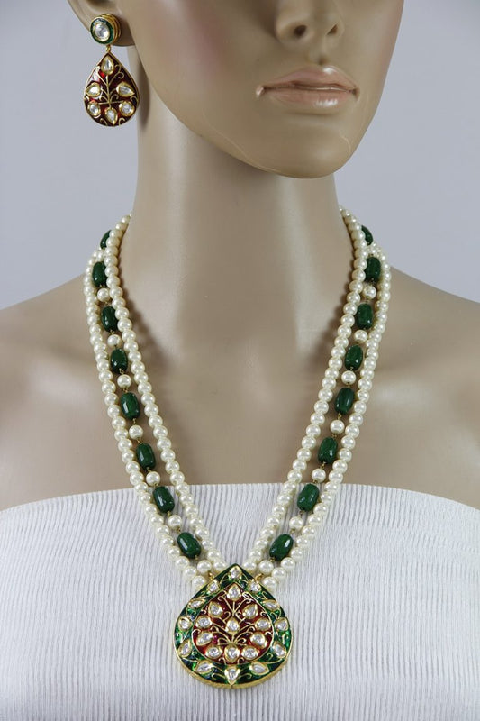 Green Meena Kundan Pendant Pearls Necklace Set - Rent Jewels