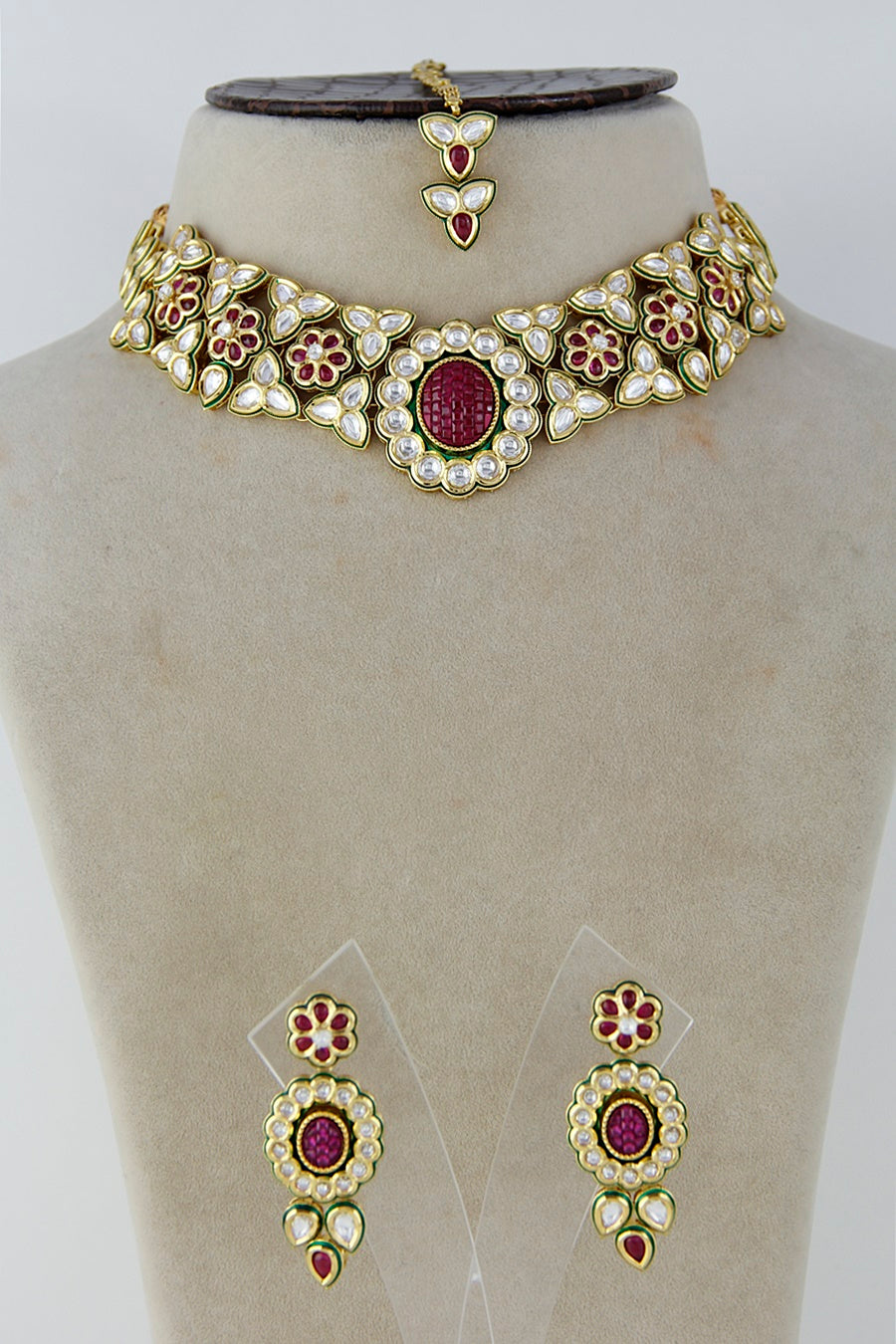 Fine Polki Kundan Ruby Red Necklace Set