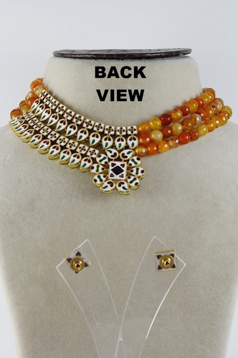 Contemporary Orange Beads Polki Kundan Necklace Set - Rent Jewels