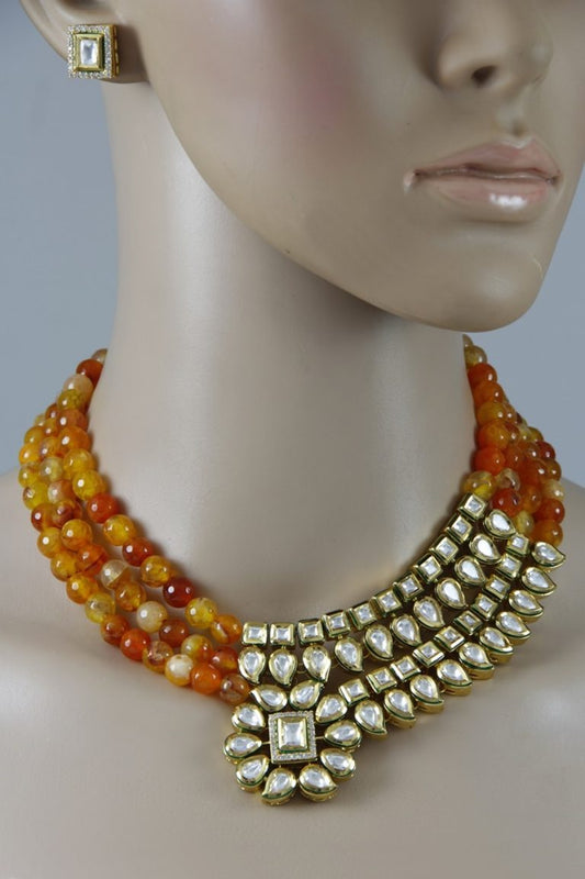 Contemporary Orange Beads Polki Kundan Necklace Set