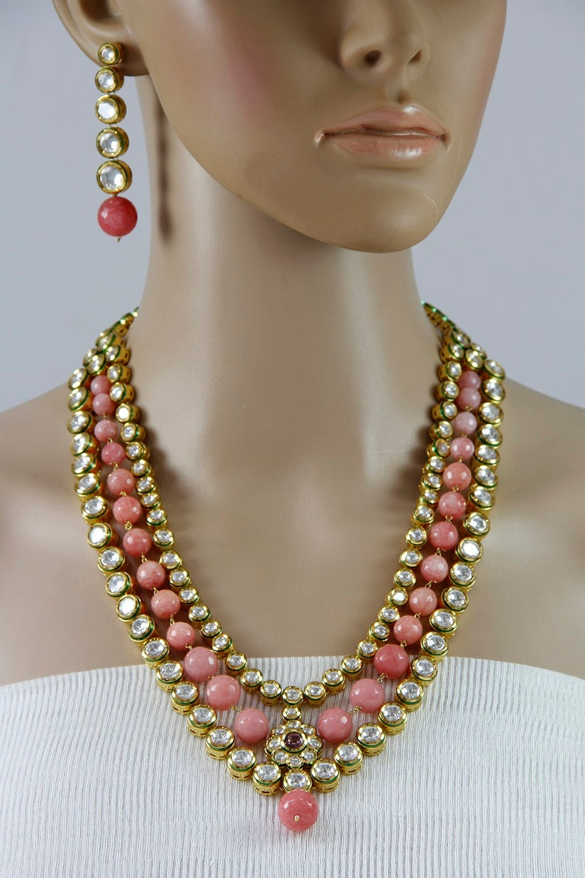 Polki Kundan Pink Layered Long Necklace Set