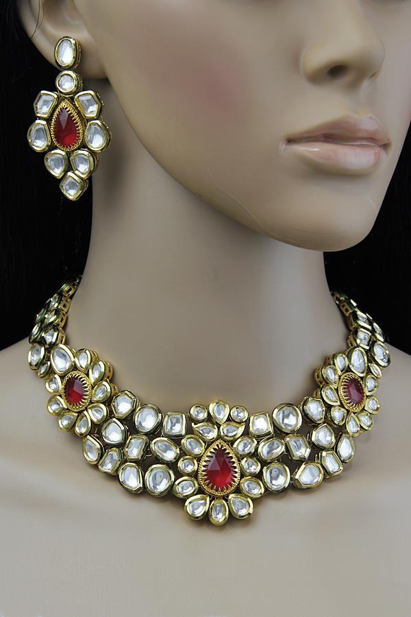 Uncut Kundan Ruby Red Bridal Necklace Set