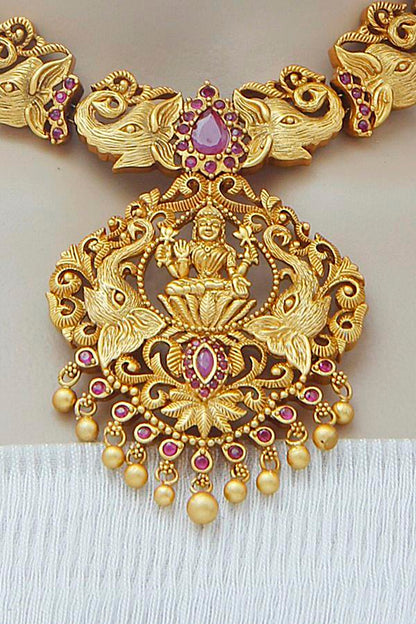 South Indian Matt Gold Plated Temple Necklace Set