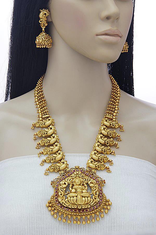 South Indian Temple Matt Gold Long Necklace Set