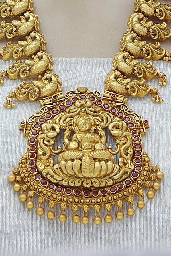 South Indian Temple Matt Gold Long Necklace Set - Rentjewels