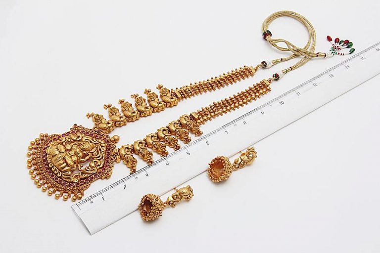 South Indian Temple Matt Gold Long Necklace Set - Rentjewels