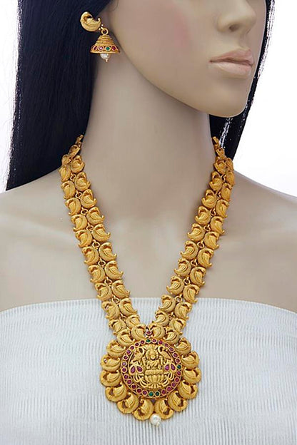 South Indian Matt Gold Temple Long Necklace Set - Rentjewels