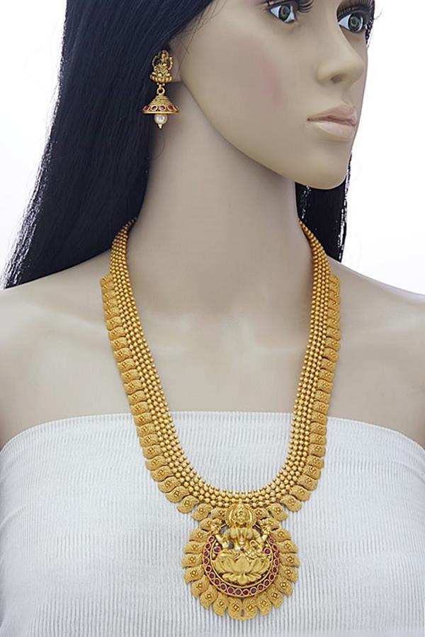 South Indian Matt Gold Temple Long Necklace Set - Rentjewels