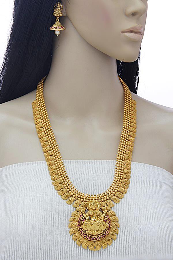 South Indian Matt Gold Temple Long Necklace Set - Rentjewels