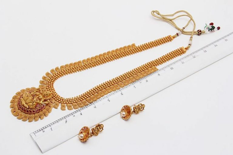 South Indian Matt Gold Temple Long Necklace Set - Rentjewels