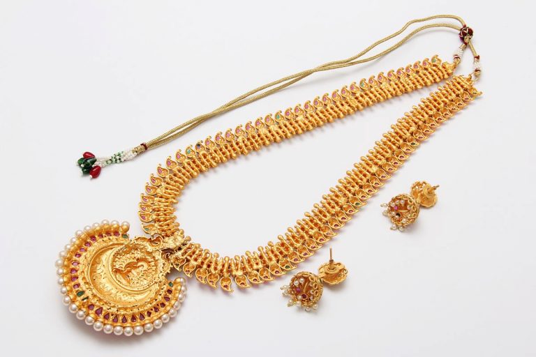 South Indian Matt Gold Temple Long Necklace Set - Rentjewels