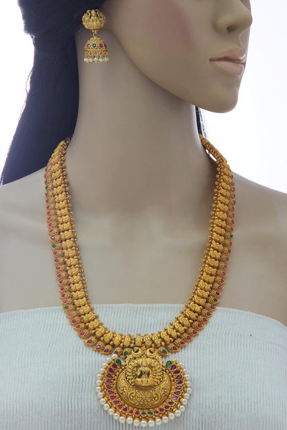 South Indian Matt Gold Temple Long Necklace Set