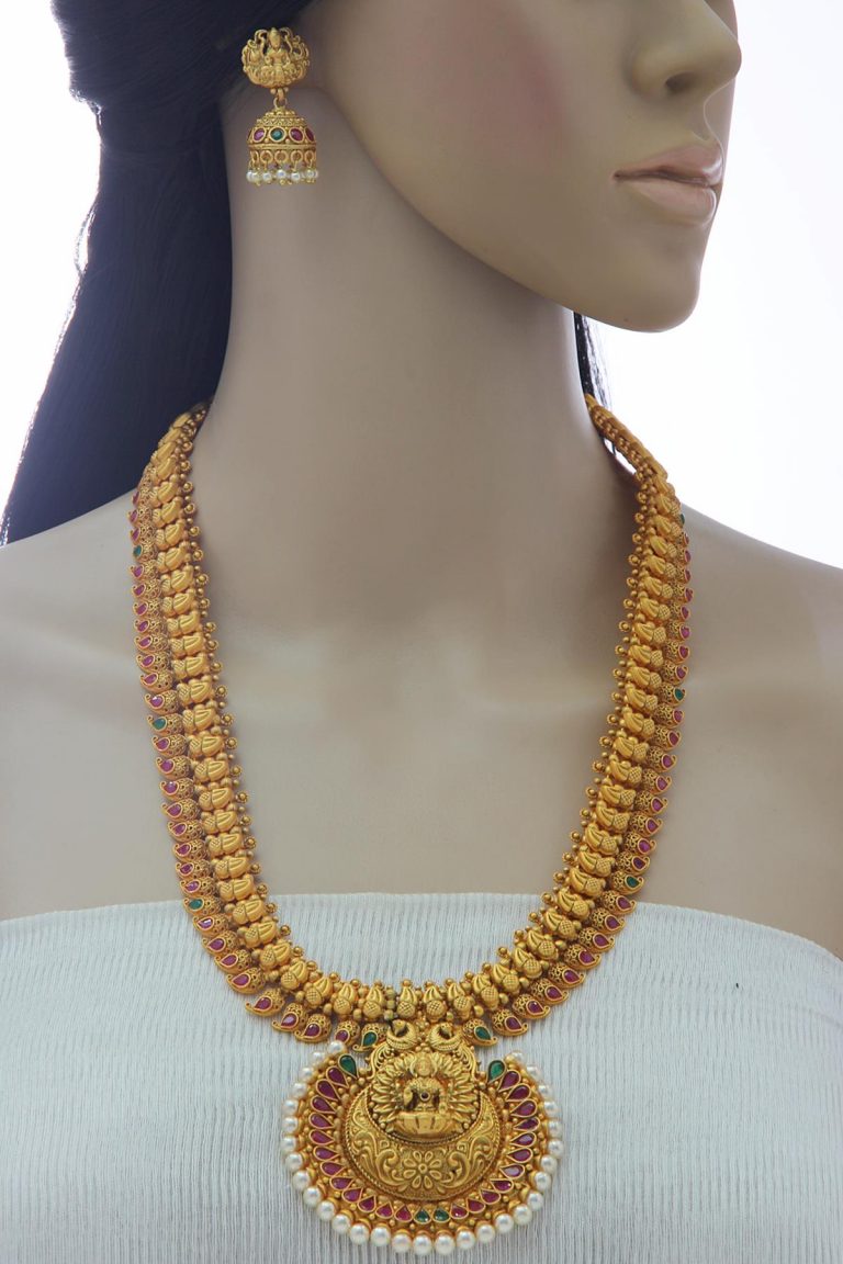 South Indian Matt Gold Temple Long Necklace Set - Rentjewels