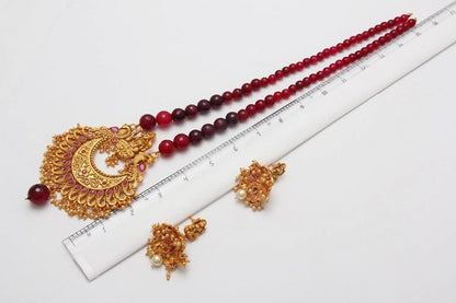 South Indian Matt Gold Temple Red Long Necklace Set