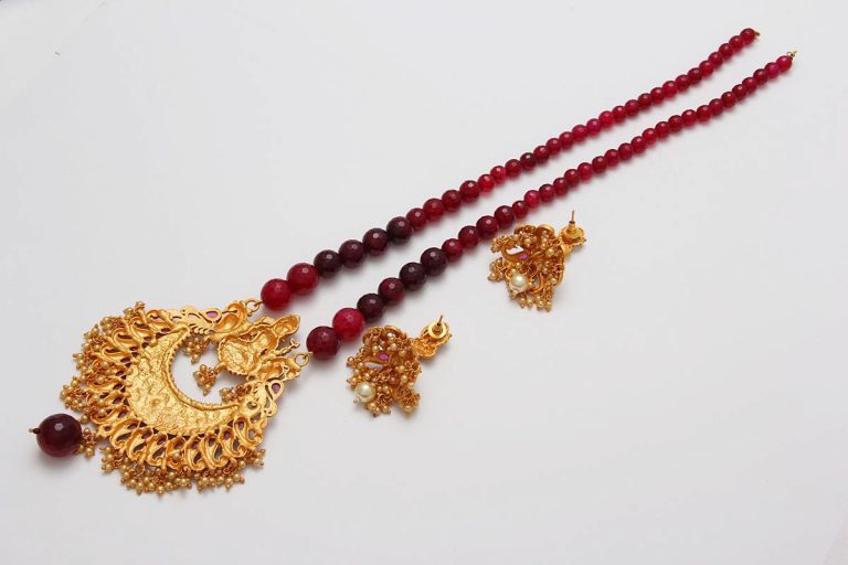 South Indian Matt Gold Temple Red Long Necklace Set