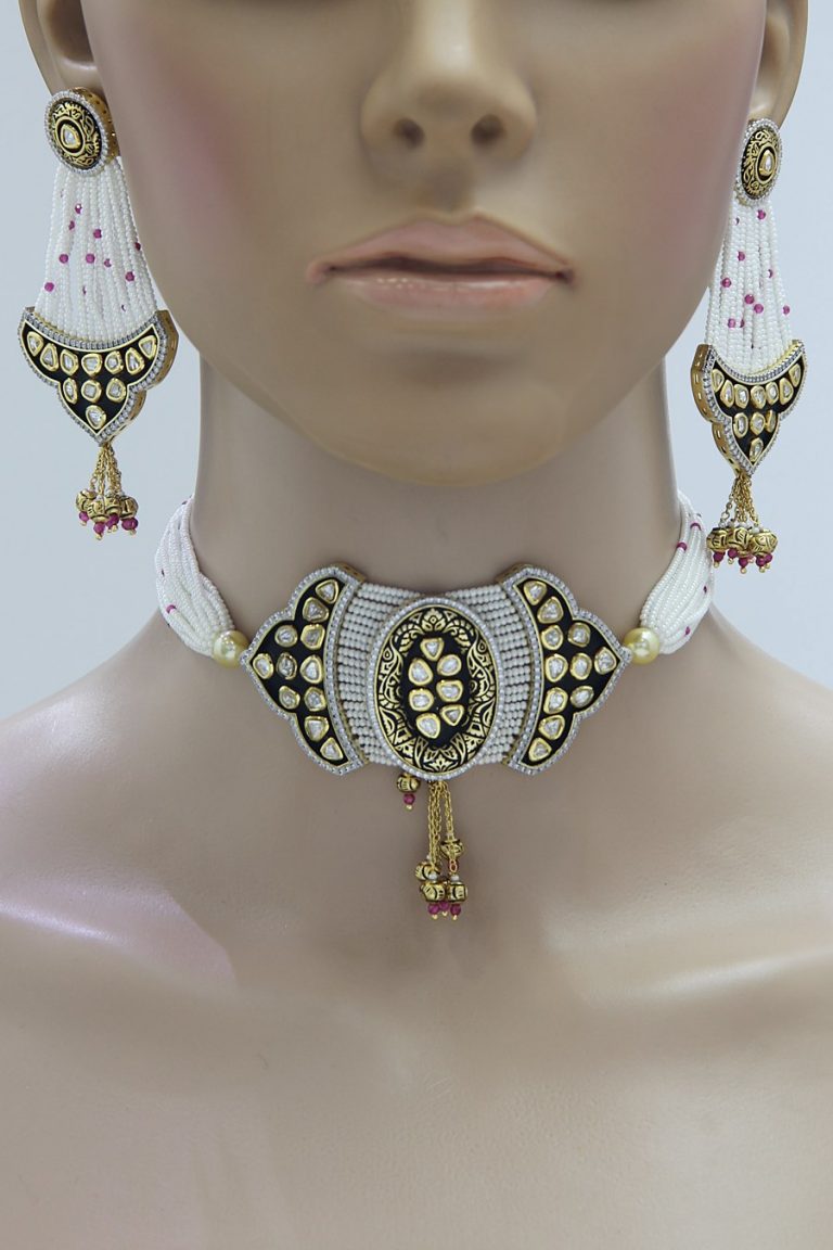 Polki Kundan Black Meena Pearls Choker Necklace Set - Rent Jewels