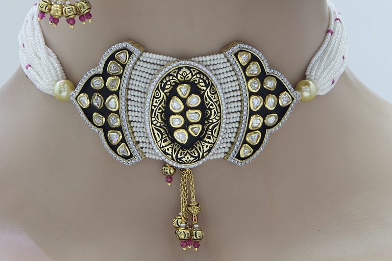 Polki Kundan Black Meena Pearls Choker Necklace Set - Rent Jewels