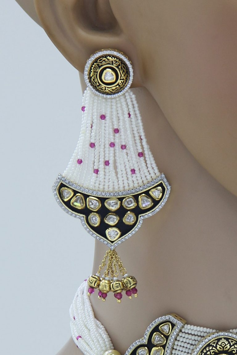 Polki Kundan Black Meena Pearls Choker Necklace Set - Rent Jewels