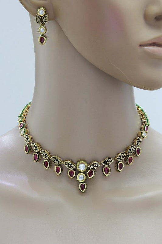 Polki Kundan Meena Ruby Red String Necklace Set - Rent Jewels