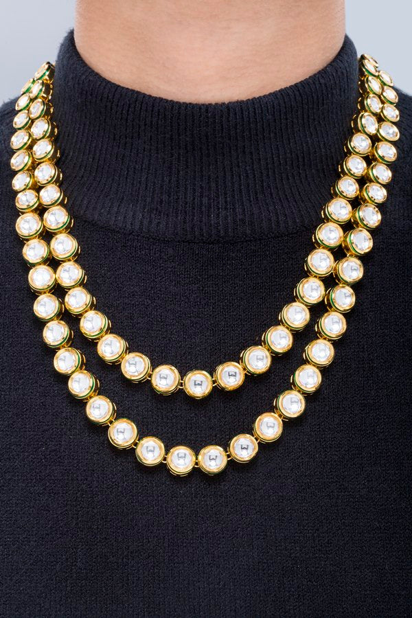 Elegant Round Polki Kundan 2-String Necklace Set - Rent Jewels