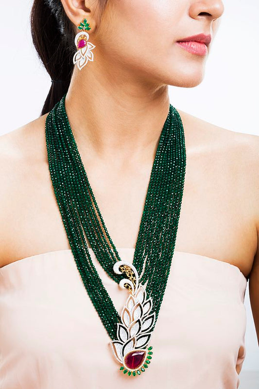 Layered Emerald Green Signity Diamonds Necklace Set