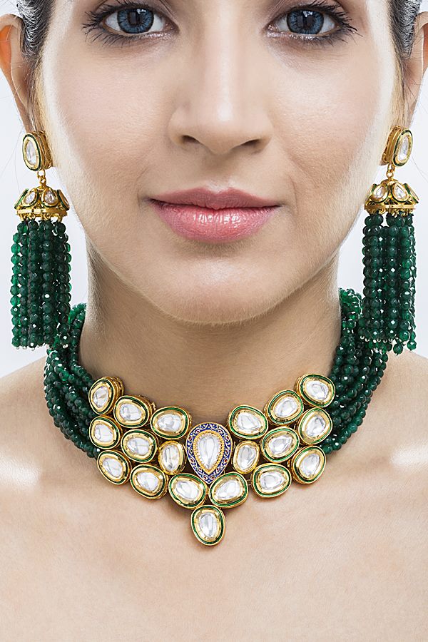 Designer Uncut Kundan Green Choker Necklace Set - Rent Jewels