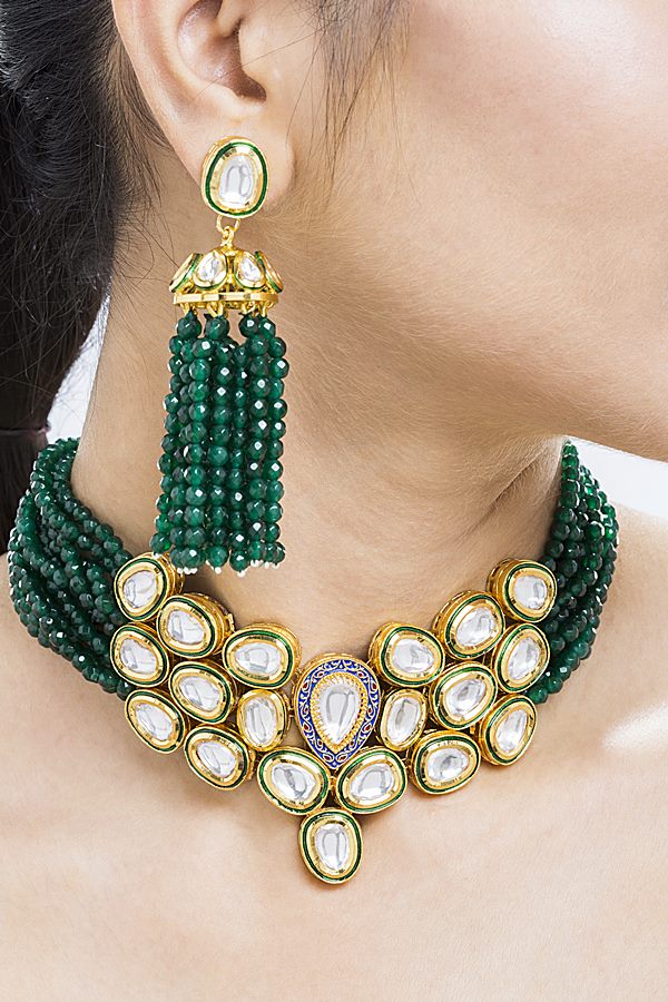 Designer Uncut Kundan Green Choker Necklace Set - Rent Jewels