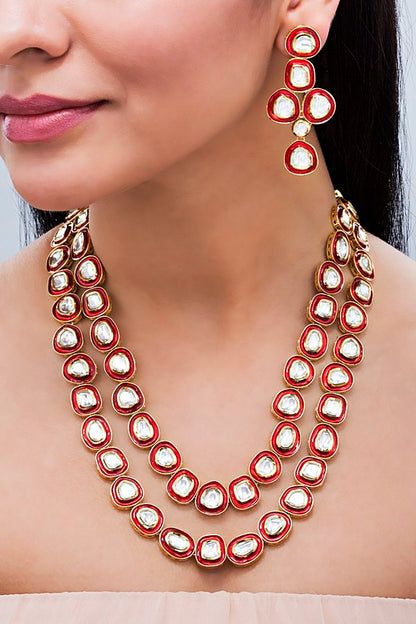 Layered Uncut Polki Kundan Red Meena Long Necklace - Rent Jewels