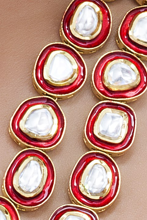 Layered Uncut Polki Kundan Red Meena Long Necklace - Rent Jewels