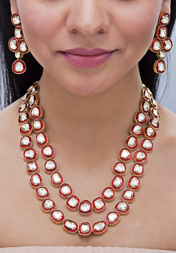 Layered Uncut Polki Kundan Red Meena Long Necklace - Rent Jewels