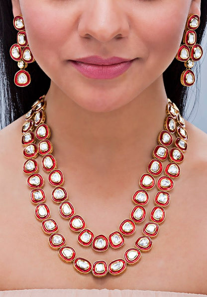 Layered Uncut Polki Kundan Red Meena Long Necklace - Rent Jewels